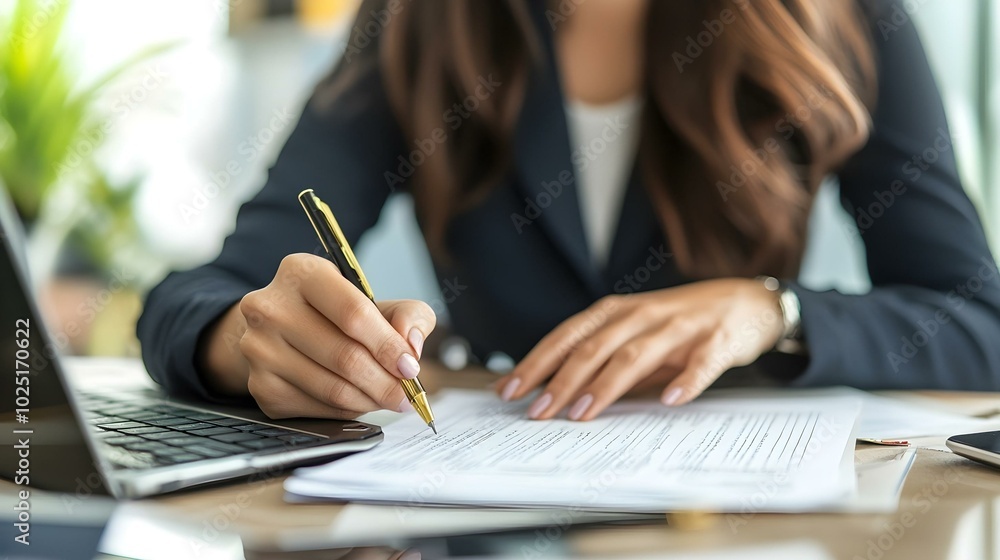 Businesswoman Signing Document at Office Desk
Businesswoman Signing Document at Office Desk