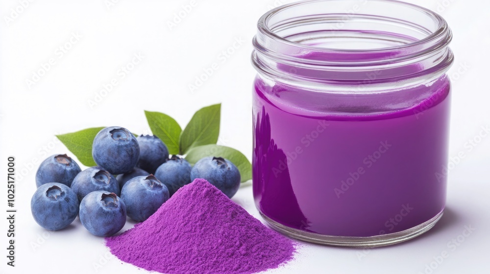 Glass Jar of Rich Purple Liquid with Anthocyanin Powder and Fresh Blueberries Beside It Glass Jar of Rich Purple Liquid with Anthocyanin Powder and Fresh Blueberries Beside It