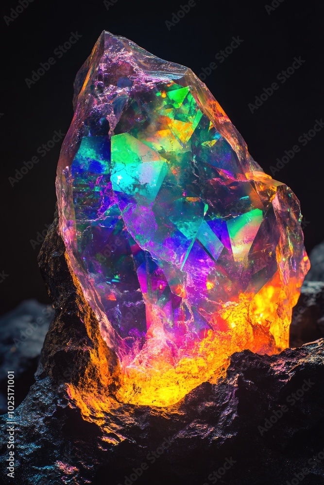 Obraz premium A large rock with a vibrant rainbow-colored crystal on it