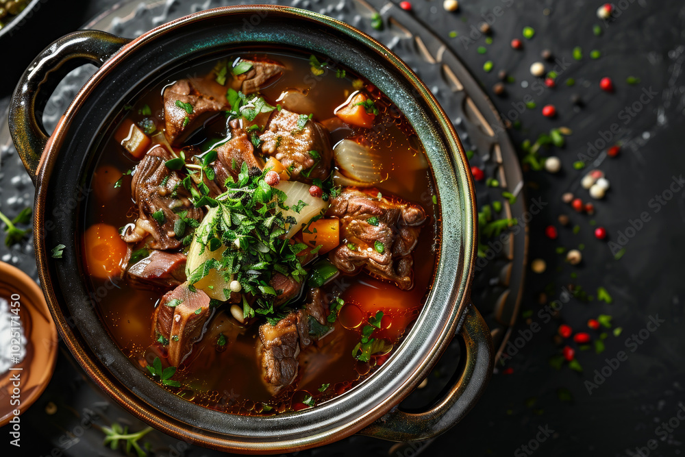 A bowl of stew with meat and vegetables