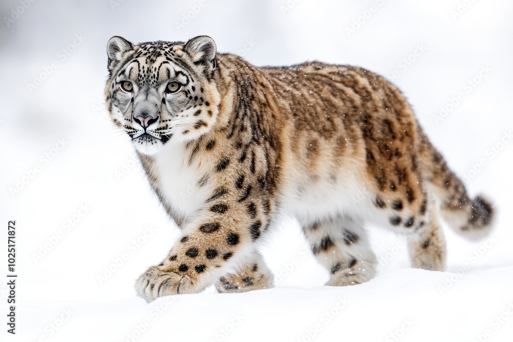 Naklejka premium A snow leopard walking through snow, isolated on white background