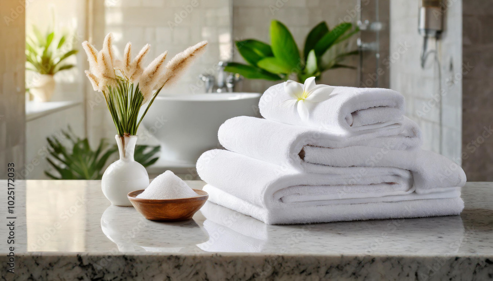 A tranquil bathroom setting with neatly stacked white towels, a small vase of pampas grass, and a bowl of salt on the marble countertop A tranquil bathroom setting with neatly stacked white towels, a small vase of pampas grass, and a bowl of salt on the marble countertop