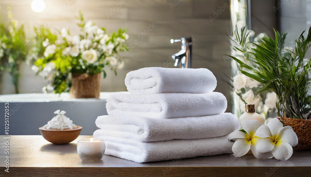 A serene spa setting featuring stacked towels, candles, and fresh flowers in a calming bathroom environment