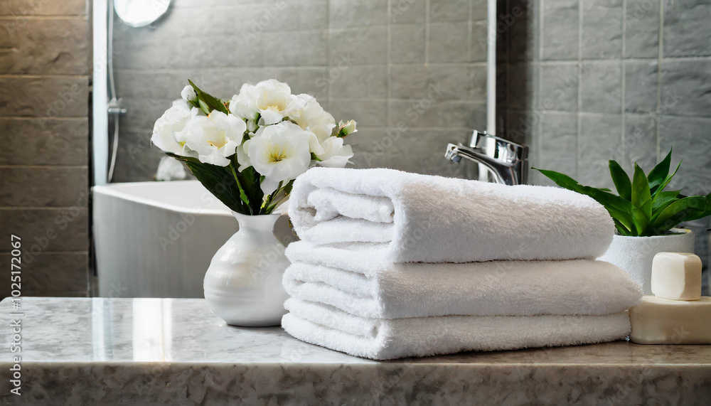 Fresh white towels stacked neatly beside a vase of flowers in a modern bathroom with sleek design elements Fresh white towels stacked neatly beside a vase of flowers in a modern bathroom with sleek design elements
