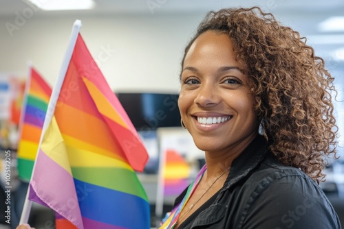 A woman holds a rainbow flag in a modern office setting, ready to promote diversity and inclusivity photo