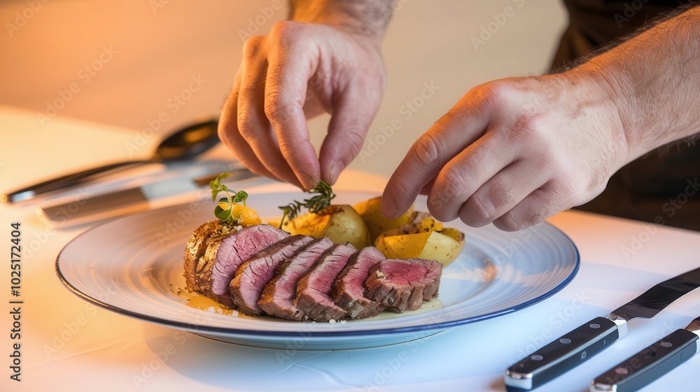 Male chef plating food in a dining setting, wearing a black apron and focused Male chef plating food in a dining setting, wearing a black apron and focused