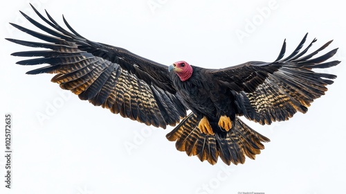 A turkey vulture circling in flight, isolated on white background 