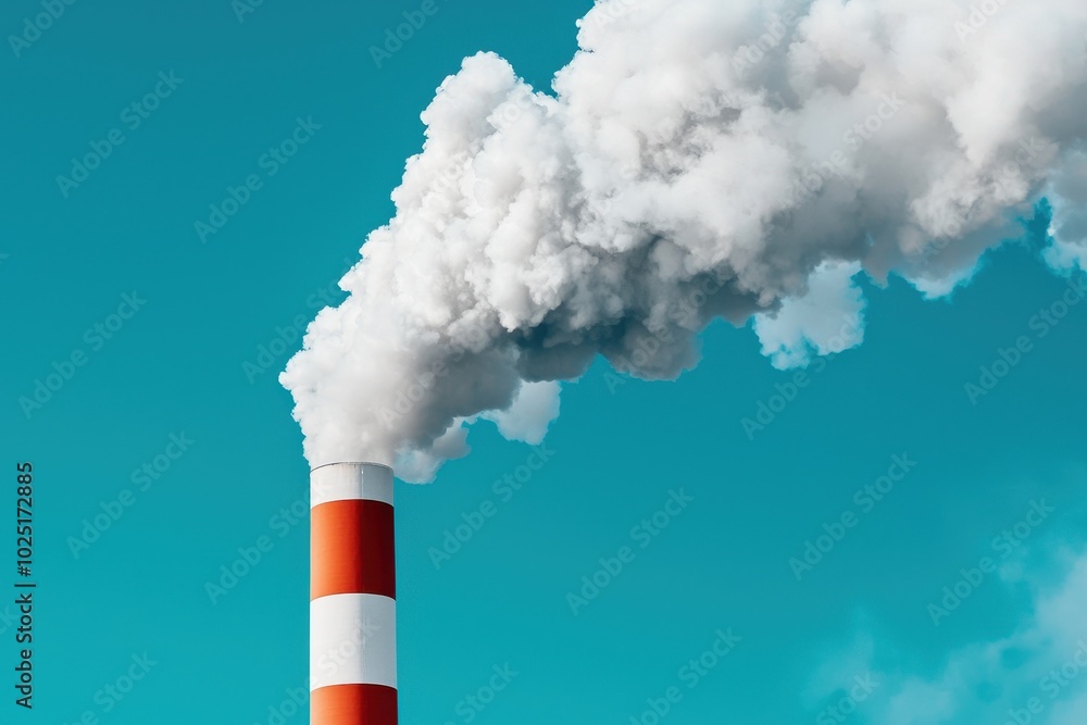 Factory chimney emitting white smoke against a clear blue sky. Factory chimney emitting white smoke against a clear blue sky.