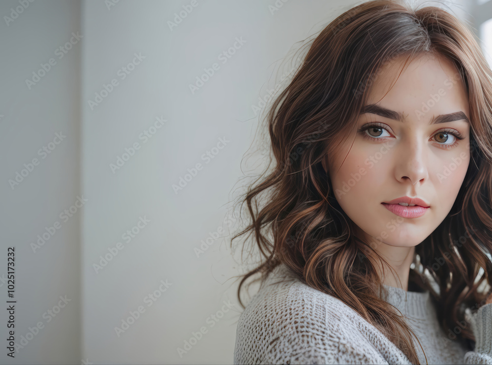 close-up portrait of a young beautiful woman with shoulder-length brunette hair. She is wearing a gray sweater and is looking directly at the camera with a serious expression copyspace close-up portrait of a young beautiful woman with shoulder-length brunette hair. She is wearing a gray sweater and is looking directly at the camera with a serious expression copyspace