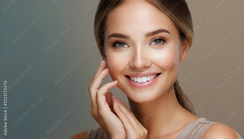 Young woman with radiant smile and glowing skin poses gracefully against a soft gradient background Young woman with radiant smile and glowing skin poses gracefully against a soft gradient background