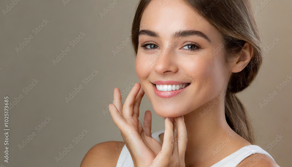 Smiling woman gently touching her face while showcasing natural beauty in a neutral background setting Smiling woman gently touching her face while showcasing natural beauty in a neutral background setting