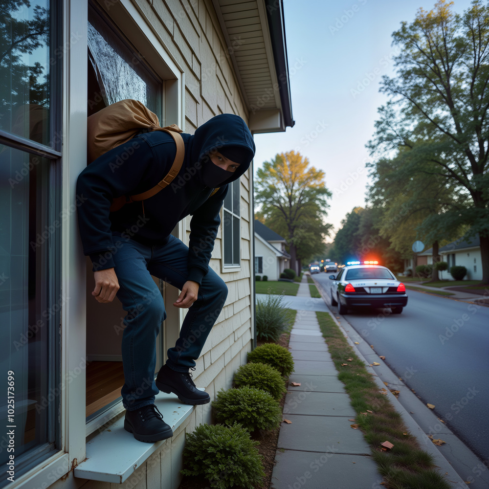 A man in a black hoodie and ski mask breaking into a house through a window. As he attempts to make his escape, a police car can be seen patrolling the street, adding to the intensity of the scene. A man in a black hoodie and ski mask breaking into a house through a window. As he attempts to make his escape, a police car can be seen patrolling the street, adding to the intensity of the scene.