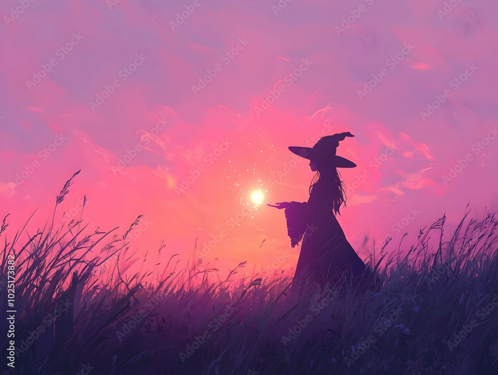 Witch Casting Spell Under Glowing Sunset Sky Witch Casting Spell Under Glowing Sunset Sky