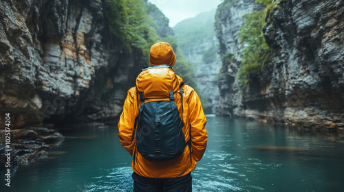 Hiker in a yellow jacket and backpack exploring a rocky canyon with a river, adventure travel scene, nature expedition, outdoor hiking journey in mountains photo