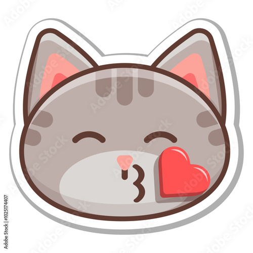 Emotion sticker of a happy gray cat who sends a heart kiss. Vector illustration.