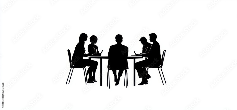 A group of people sitting at a table in a meeting black monochrome silhouette on a white background Generative AI A group of people sitting at a table in a meeting black monochrome silhouette on a white background Generative AI