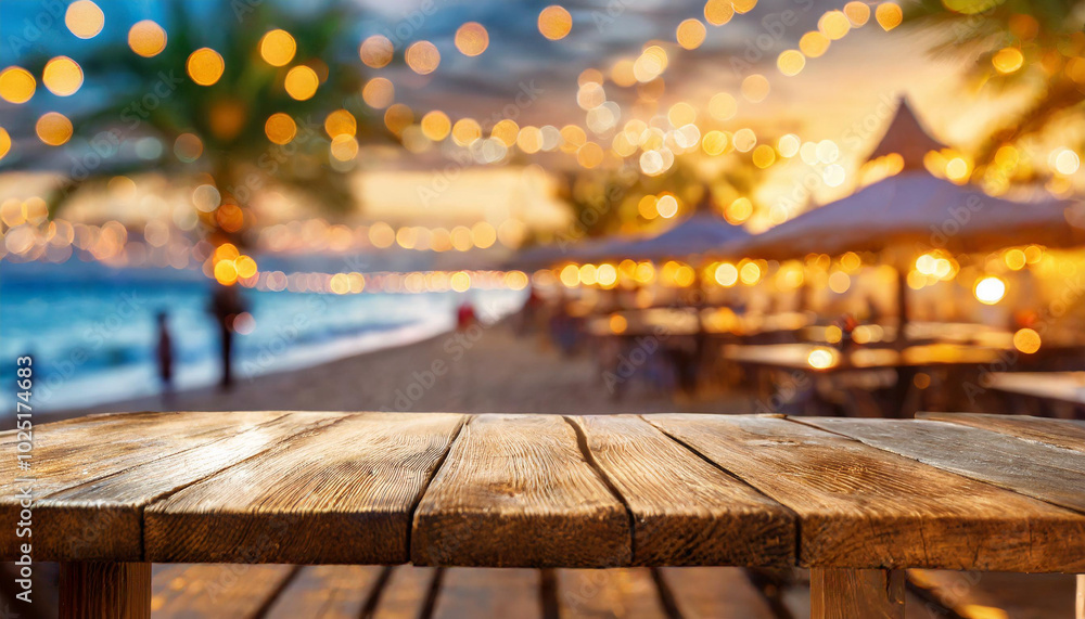 A wooden table at sunset on a beach with softly lit string lights creating a warm, inviting atmosphere A wooden table at sunset on a beach with softly lit string lights creating a warm, inviting atmosphere