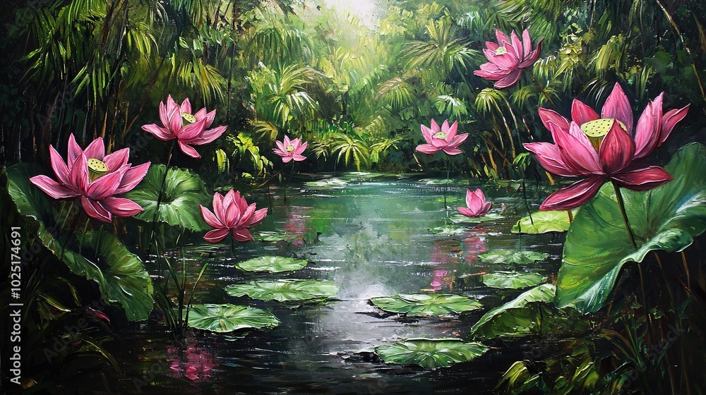 Pond Surrounded by Greenery with a Butterfly on Lily Pad Pond Surrounded by Greenery with a Butterfly on Lily Pad