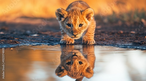 Curious lion cub staring into water reflection, sunset scene, African wildlife nature, close-up view, young cub exploring environment, majestic wilderness, safari experience photo