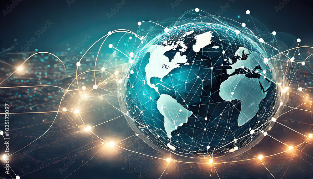 Global connectivity with glowing network connections across continents in a digital world map at night Global connectivity with glowing network connections across continents in a digital world map at night