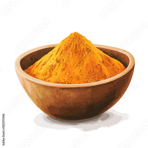 Turmeric Powder in a Wooden Bowl - Health and Spice Illustration