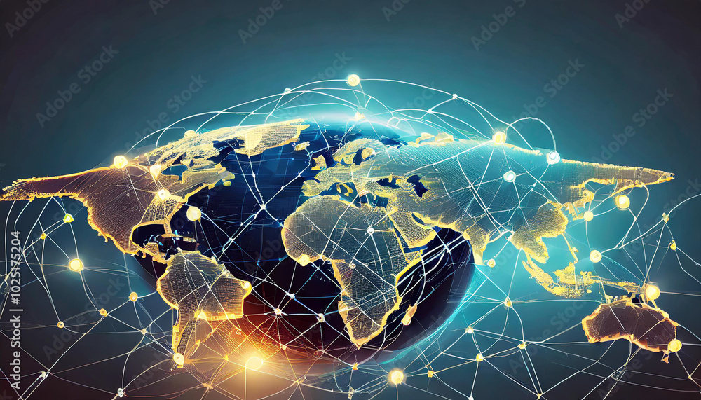 A digitally rendered globe highlighting global connectivity with illuminated continents and network lines illustrating world communication A digitally rendered globe highlighting global connectivity with illuminated continents and network lines illustrating world communication