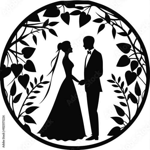 a Bride and Groom in Wedding Attire with Heart-Shaped Leaves , Black and White Silhouette