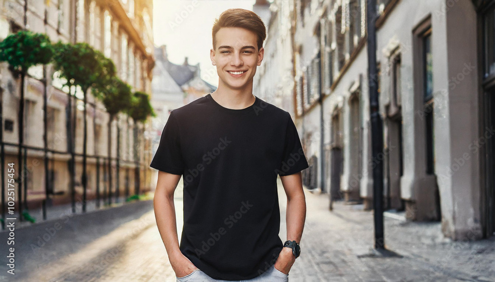 A young man in a black t-shirt enjoys a sunny afternoon stroll through a charming urban street with historic buildings A young man in a black t-shirt enjoys a sunny afternoon stroll through a charming urban street with historic buildings