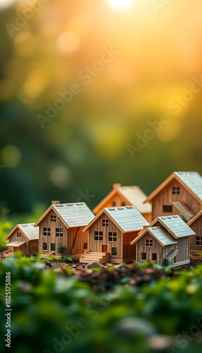 Wooden house model collections over blured nature background with vintage warm light, property and real estate business concept isolated with white highlights, png