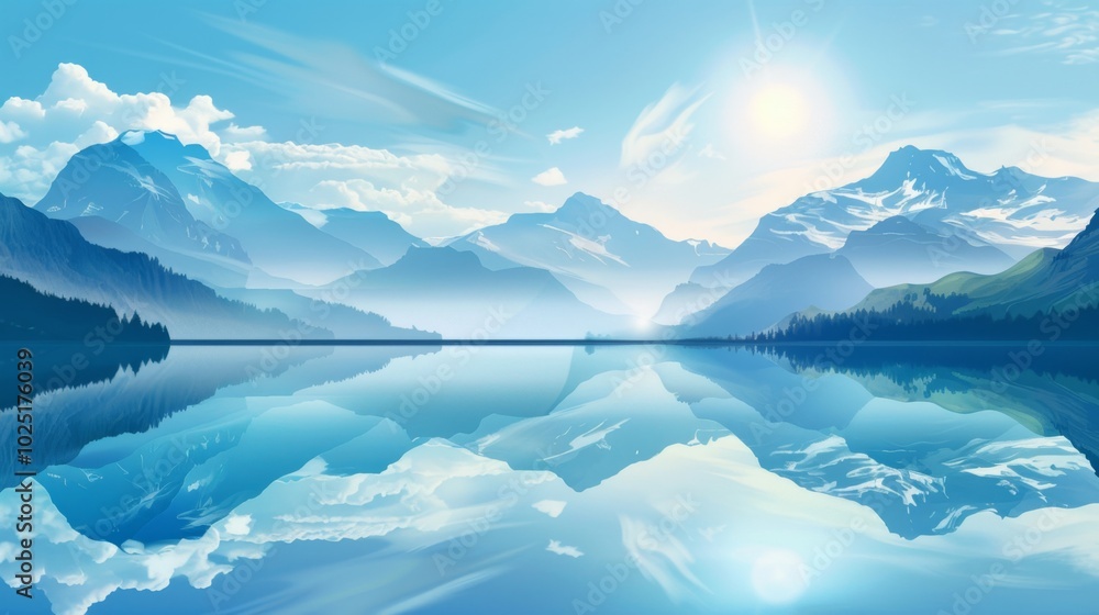 Serene Crystal Clear Lake Reflecting Majestic Snow-Capped Mountains in Vibrant Natural Landscape Vector Illustration Serene Crystal Clear Lake Reflecting Majestic Snow-Capped Mountains in Vibrant Natural Landscape Vector Illustration
