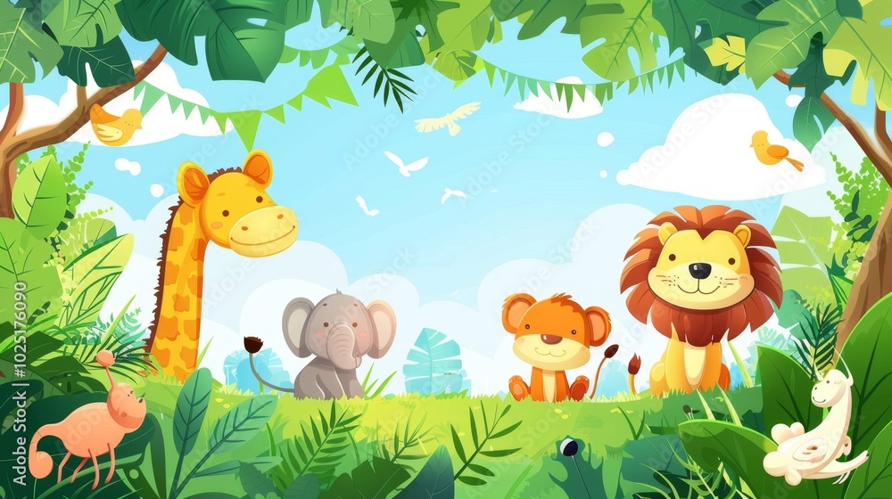 Naklejka premium Adorable Jungle Animals in a Cartoon Vector Illustration Set in a Lush Forest Scene