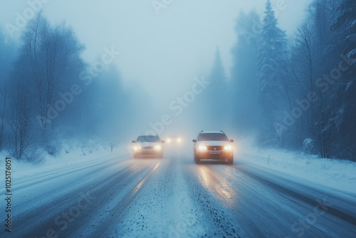 Cars move slowly in heavy fog on a busy highway during bad weather photo