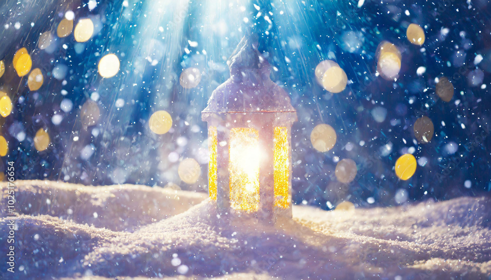 A glowing lantern shines through falling snowflakes on a winter evening, creating a magical atmosphere in a serene landscape A glowing lantern shines through falling snowflakes on a winter evening, creating a magical atmosphere in a serene landscape