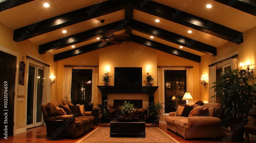Stylish living room with dark wood beams and neutral decor illuminated by soft natural lighting Stylish living room with dark wood beams and neutral decor illuminated by soft natural lighting