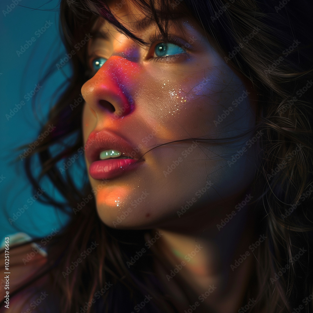 Close up portrait of a young beautiful girl, brunette in shadow. Her ...