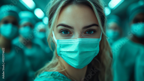 Healthcare workers in scrubs and masks prepare for a surgical procedure in a brightly lit operating room