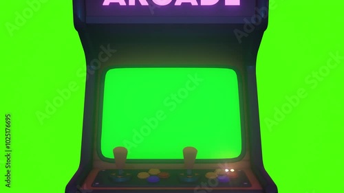 Retro Arcade Machine. Glowing Arcade Machine with green screen. Zoom In