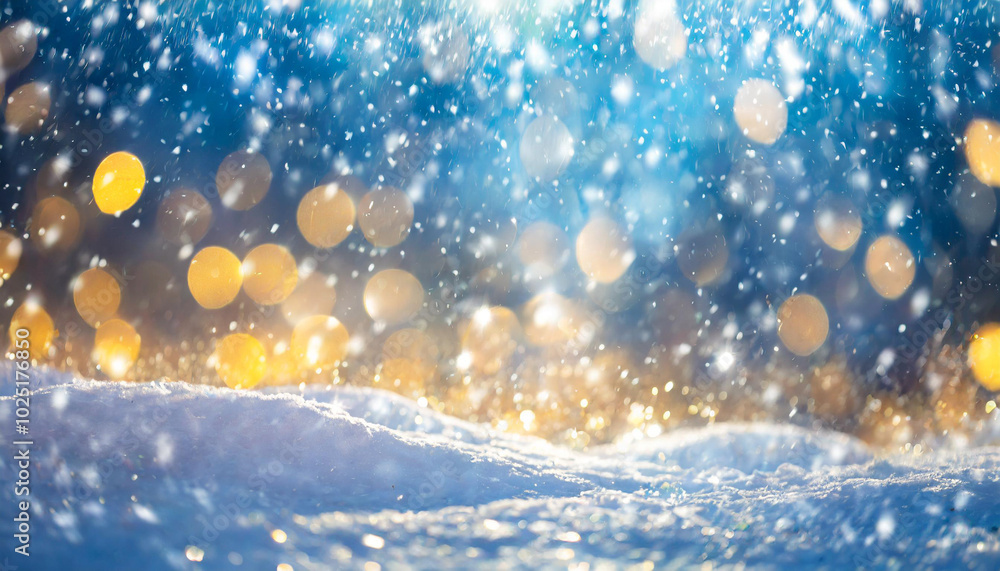 Soft snowflakes fall gently over a sparkling winter landscape illuminated by a warm golden glow during a tranquil evening Soft snowflakes fall gently over a sparkling winter landscape illuminated by a warm golden glow during a tranquil evening