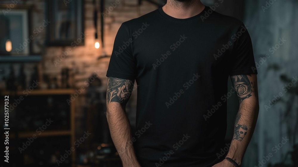A mockup of a man in a black T-shirt in gothic look
A mockup of a man in a black T-shirt in gothic look