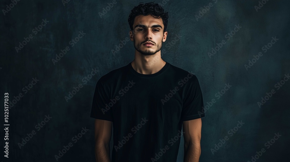 Fototapeta premium A mockup of a man in a black T-shirt in gothic look 