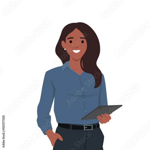 Young business woman holding a device in her hand. Flat vector illustration isolated on white background