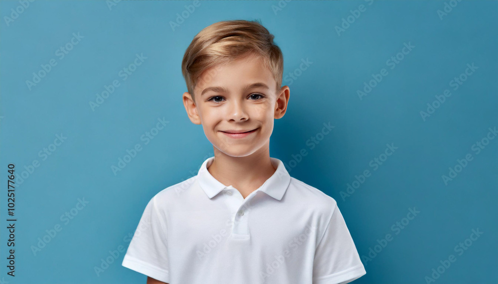 A cheerful boy in a white polo shirt smiles confidently against a vibrant blue background during a sunny day A cheerful boy in a white polo shirt smiles confidently against a vibrant blue background during a sunny day