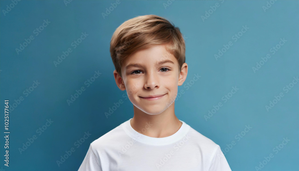 A young boy smiles confidently against a bright blue background, showcasing a playful spirit and youthful charm A young boy smiles confidently against a bright blue background, showcasing a playful spirit and youthful charm