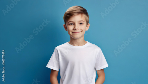 A young boy smiles confidently with short blond hair against a blue background in a casual white t-shirt during daylight hours