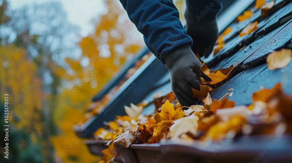 A person cleaning leaves from a roof gutter during autumn, emphasizing seasonal roof maintenance.
A person cleaning leaves from a roof gutter during autumn, emphasizing seasonal roof maintenance.