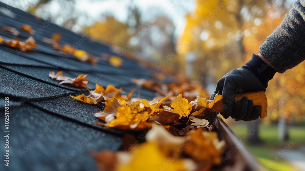 Naklejka premium A person cleaning leaves from a roof gutter during autumn, emphasizing seasonal roof maintenance.