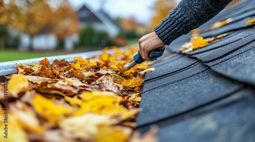 A person cleaning leaves from a roof gutter during autumn, emphasizing seasonal roof maintenance.
A person cleaning leaves from a roof gutter during autumn, emphasizing seasonal roof maintenance.
