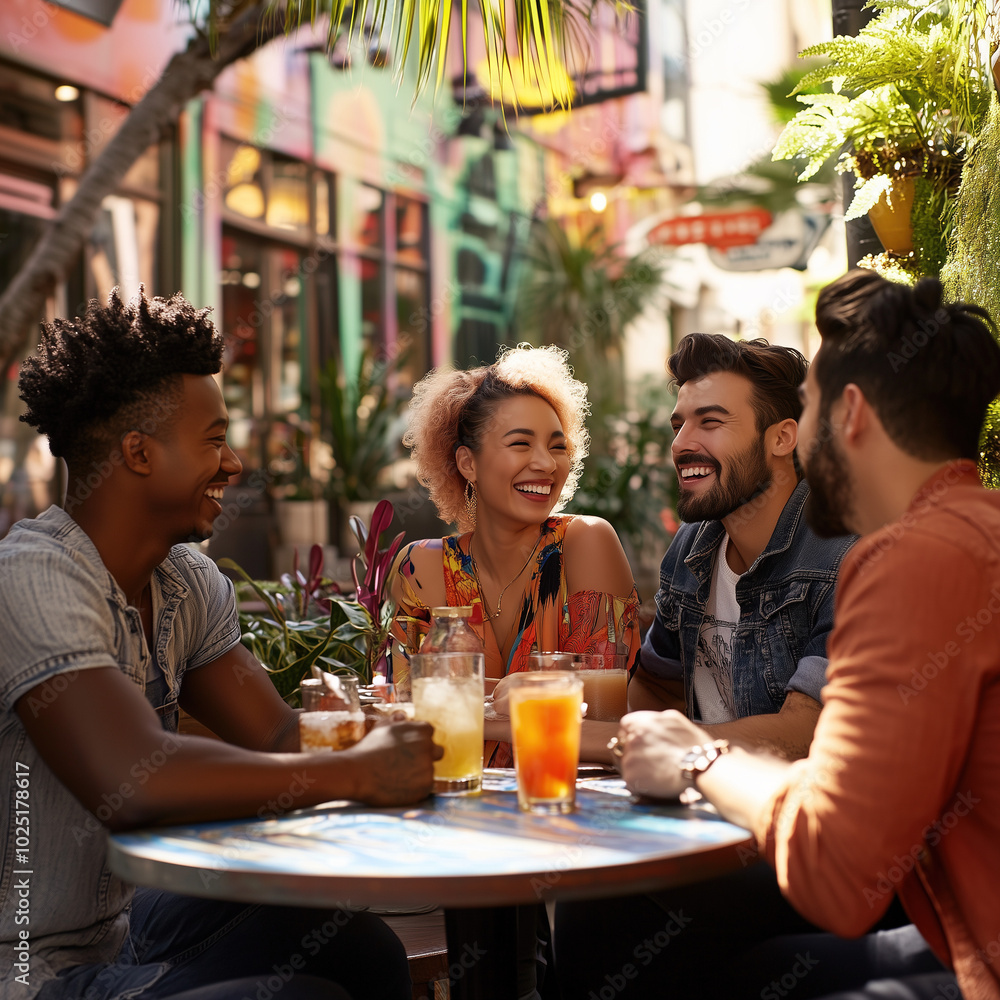 diverse group of friends from different ethnicities sitting at an outdoor cafe, sharing laughter and enjoying drinks diverse group of friends from different ethnicities sitting at an outdoor cafe, sharing laughter and enjoying drinks