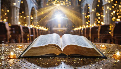 A beautifully illuminated open book resting on a table surrounded by soft candlelight in a grand, ornate church setting