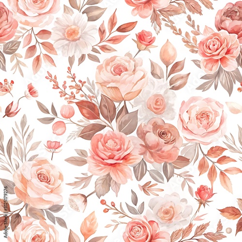 Soft watercolor floral pattern featuring blooming roses in neutral and pink tones for fabric design

